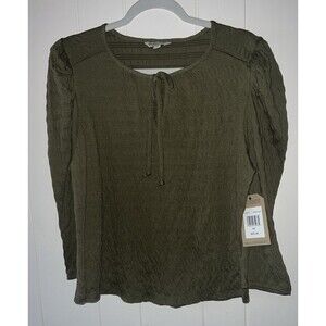 Frye and Co Women's Scoop Neck M Elbow Sleeve Blouse Burnt Olive Green Tie Front